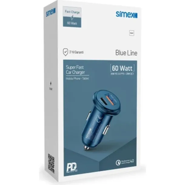 Simex Blue Line 60W Meral Başlıklı Araç Çakmaklık Şarj Cihazı Usb/pd S